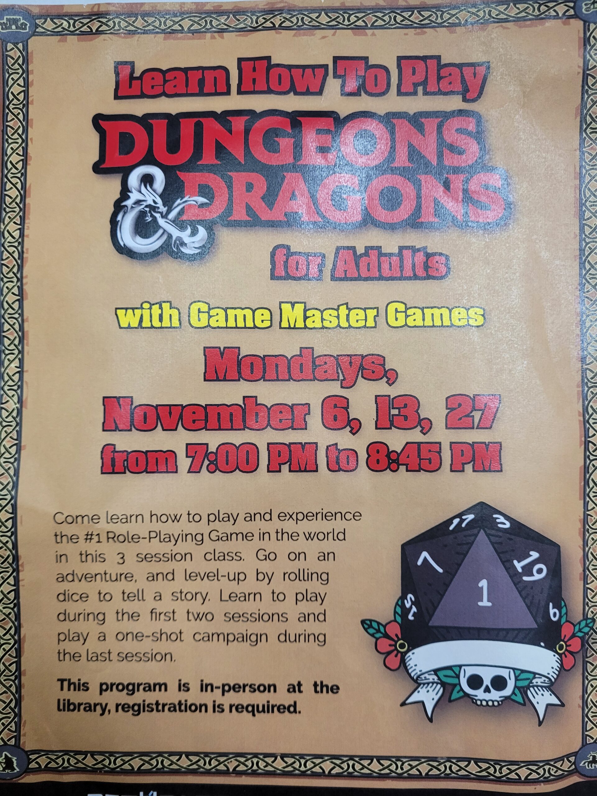 D&D, Adult, Learn to Play, Bethpage Library, Monday, 11/13/2023, 7pm, FREE!