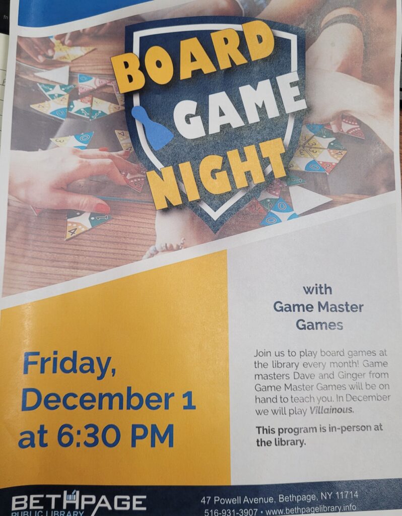 Board Game Night, Bethpage Library, Join us! Friday, Dec 1, 6:30-8:30pm and it’s FREE