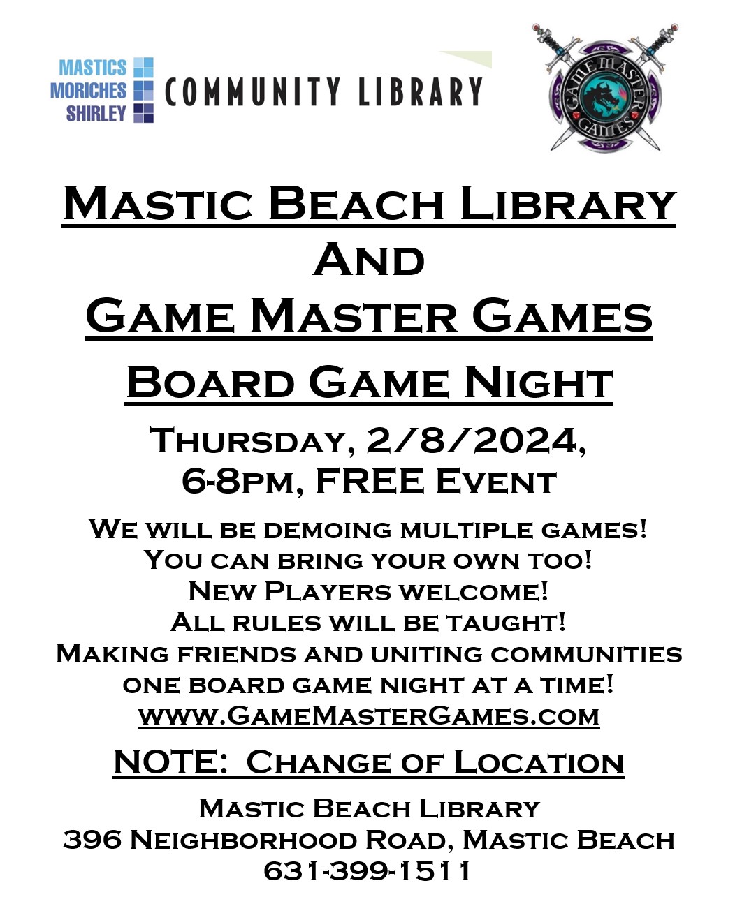 Mastic Beach Library and Game Master Games Board Game Night Thursday Feb 8, 2024 6pm to 8pm FREE Event