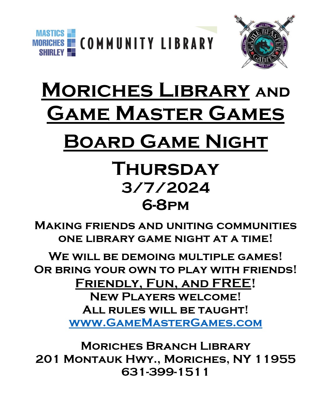 Have fun and make some new friends! Board Game Night at the Moriches Library!