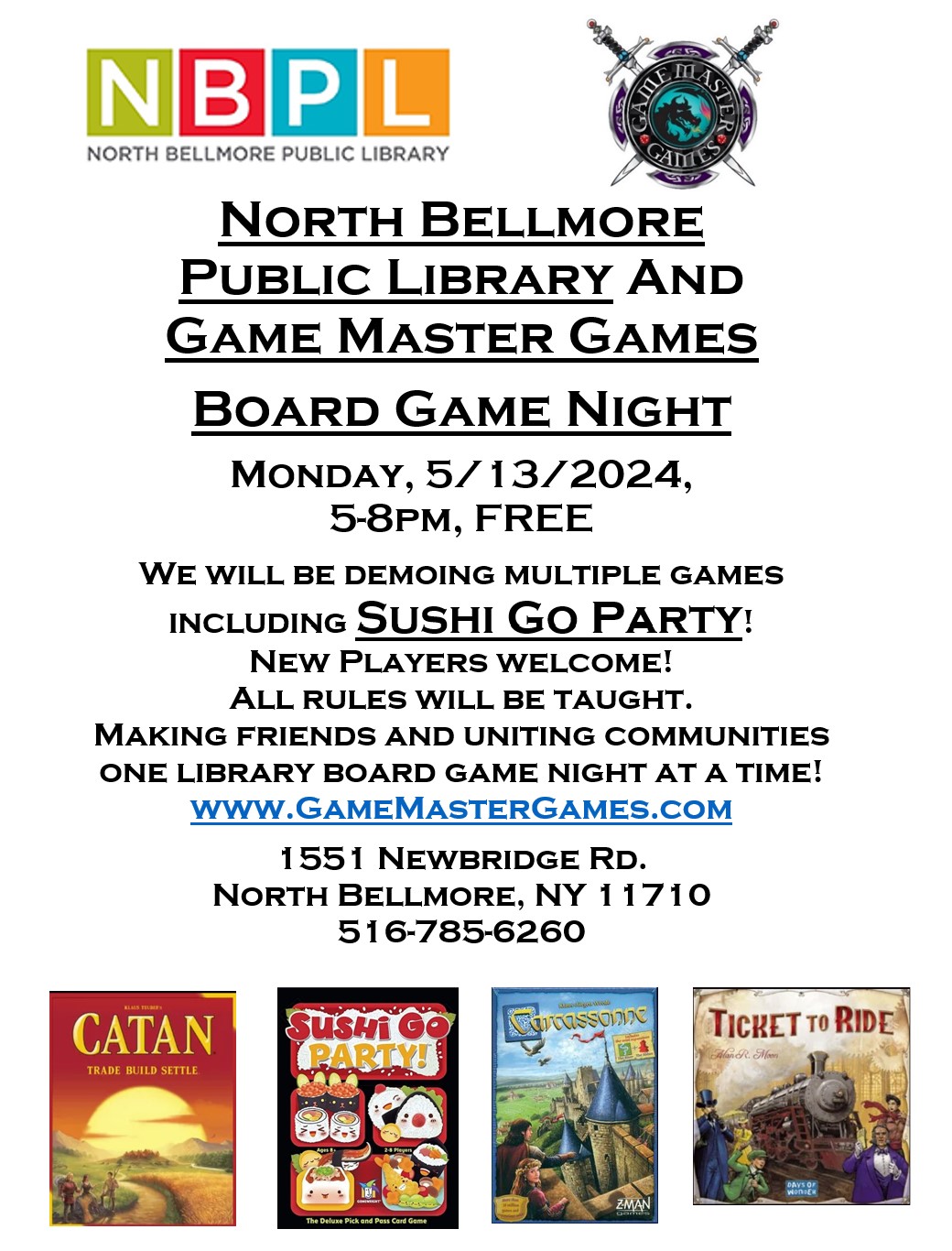 Board Game Night at the North Bellmore Library!  Have fun and make some new friends!