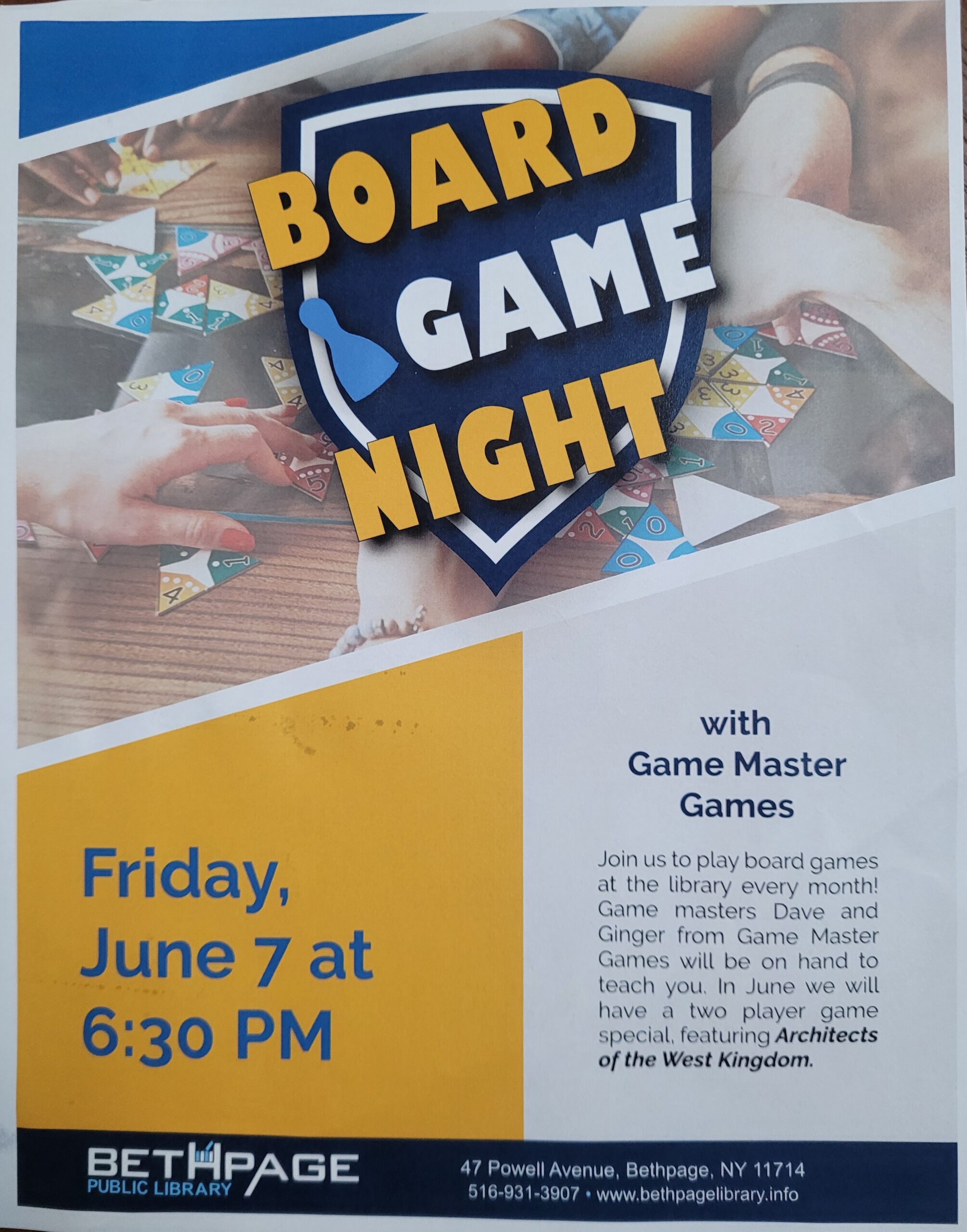 Have fun and make some new friends! Board Game Night at the Bethpage Library!