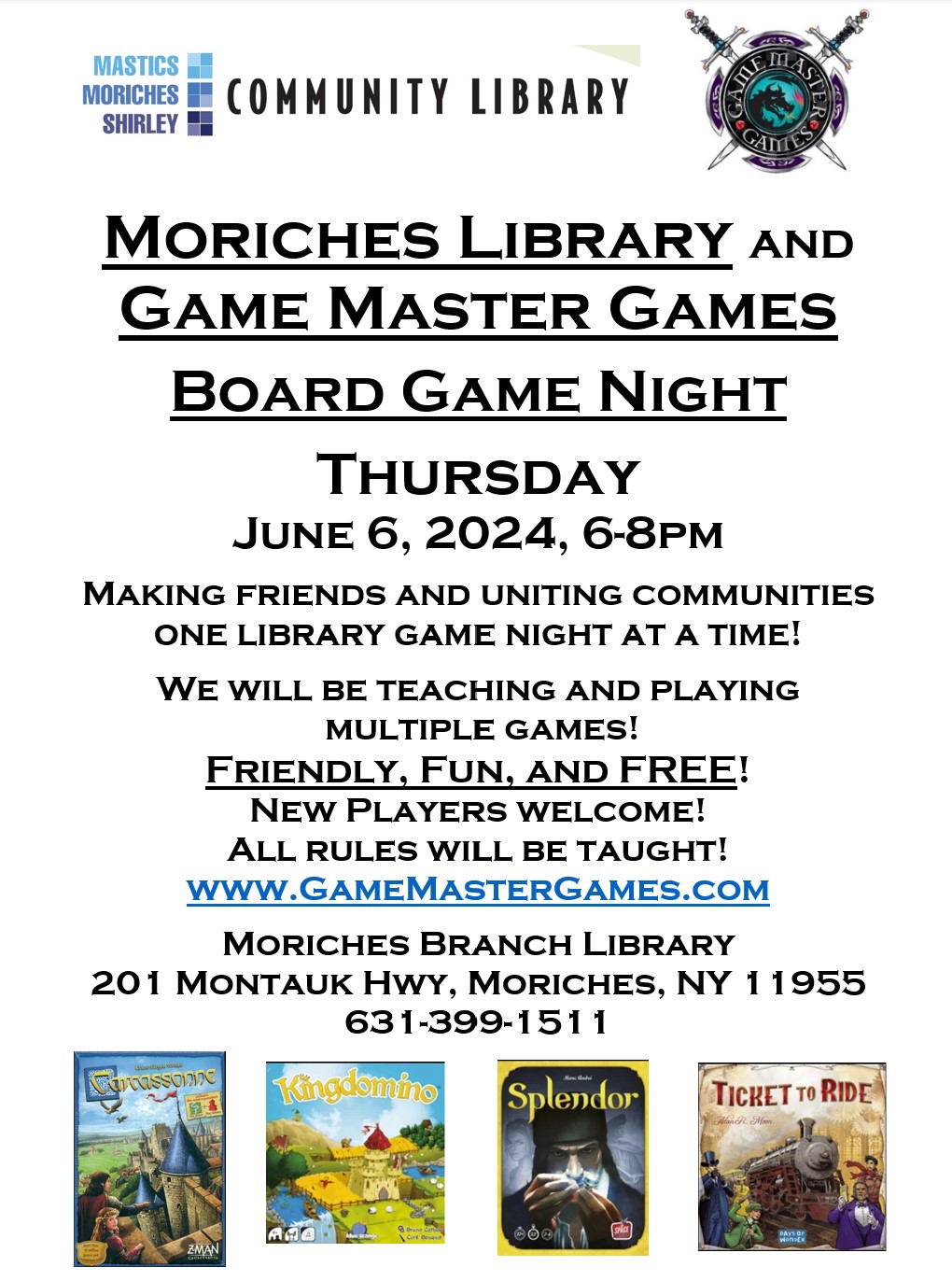 Board Game Night at the Moriches Library! Have fun and make some new friends!