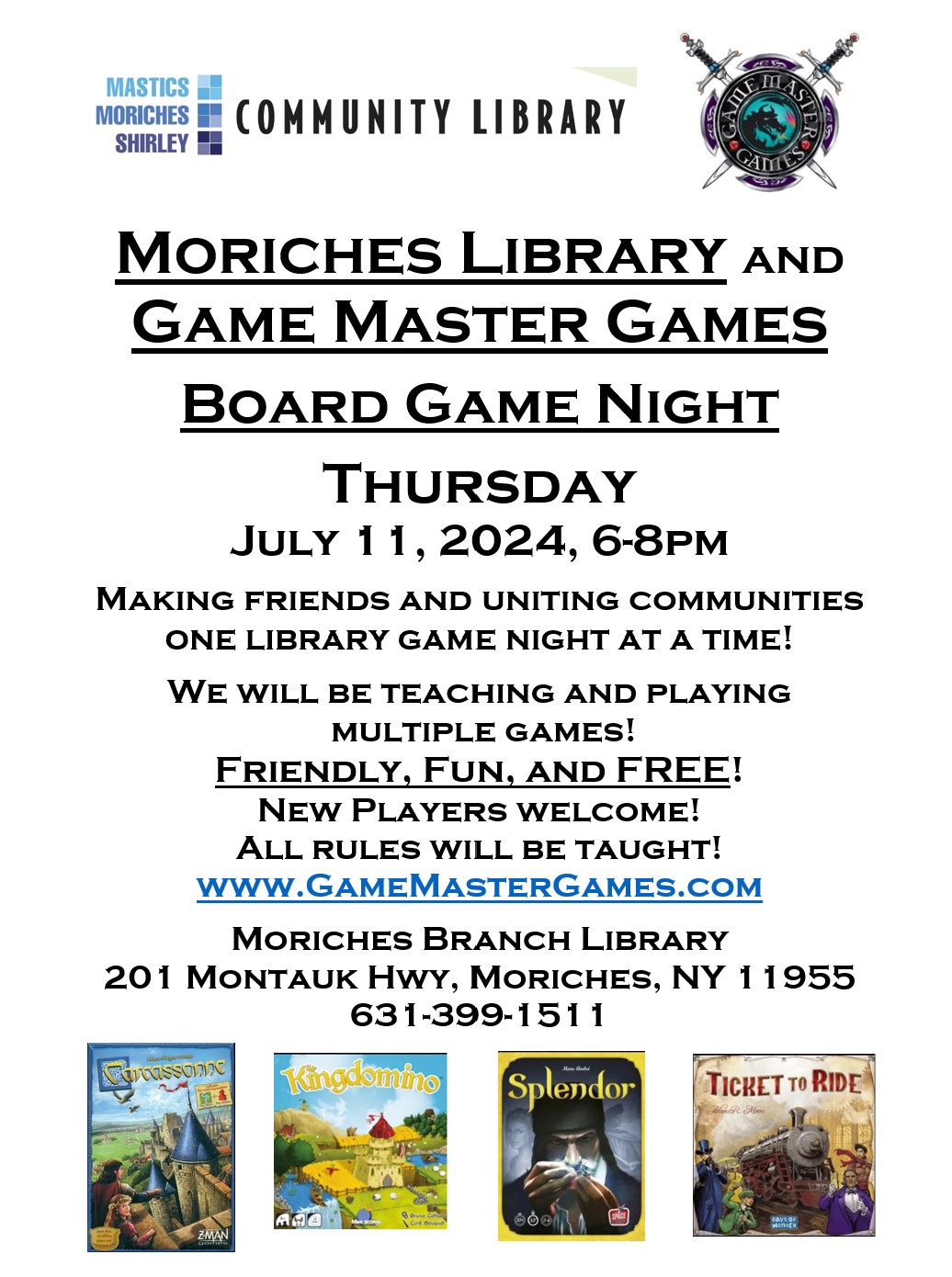 Board Game Night at the Moriches Library! Have fun and make some new friends!