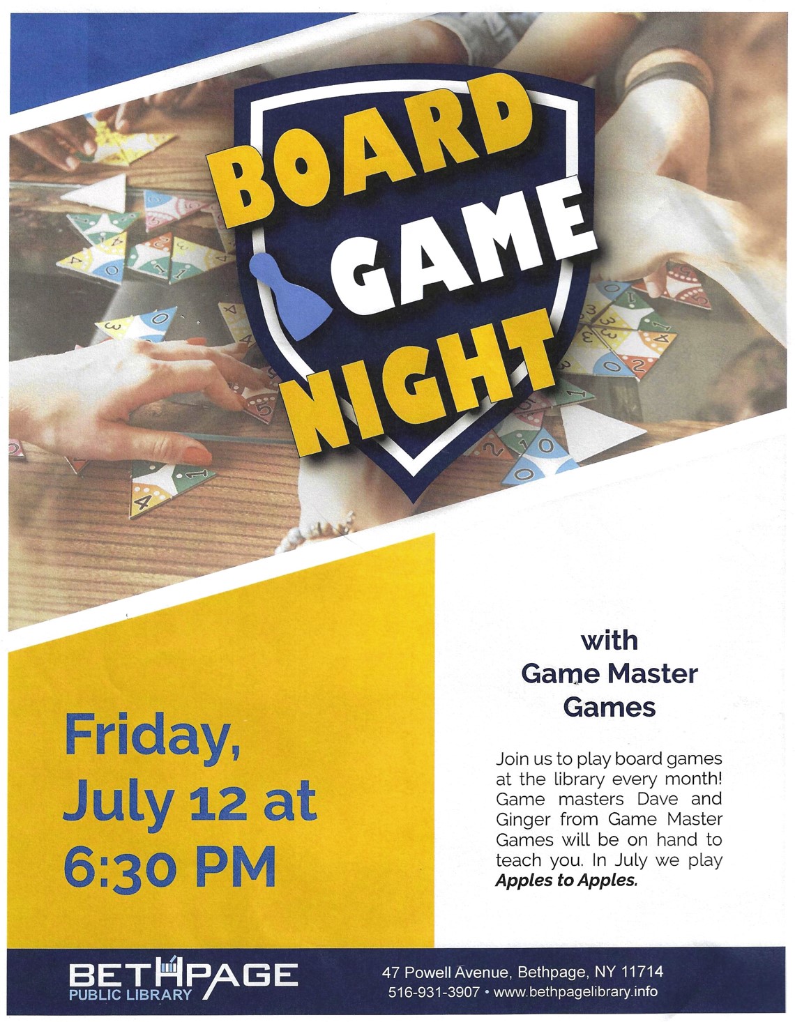 Have fun and make some new friends! Board Game Night at the Bethpage Library!