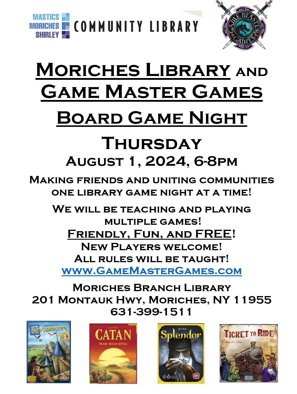 Board Game Night at the Moriches Library! Have fun and make some new friends! Thursday, 8/1/2024, 6-8p