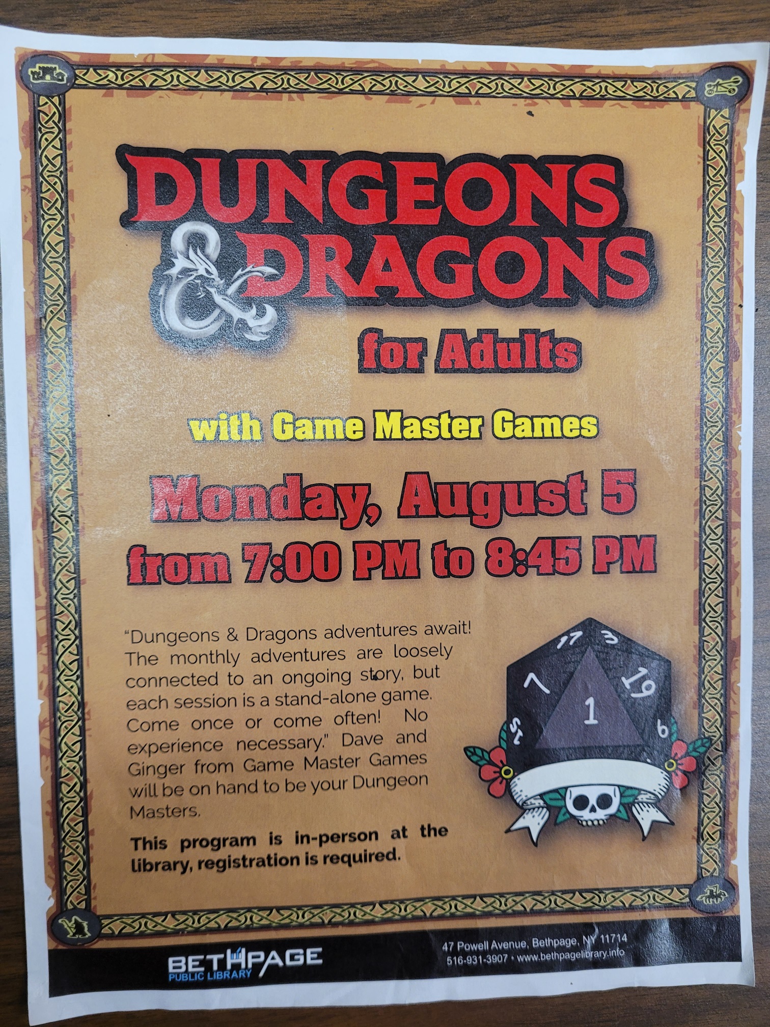 Adult D&D at the Bethpage Library. Have fun and make some new friends!  Monday, 8/5/2024, 7-8:45p.