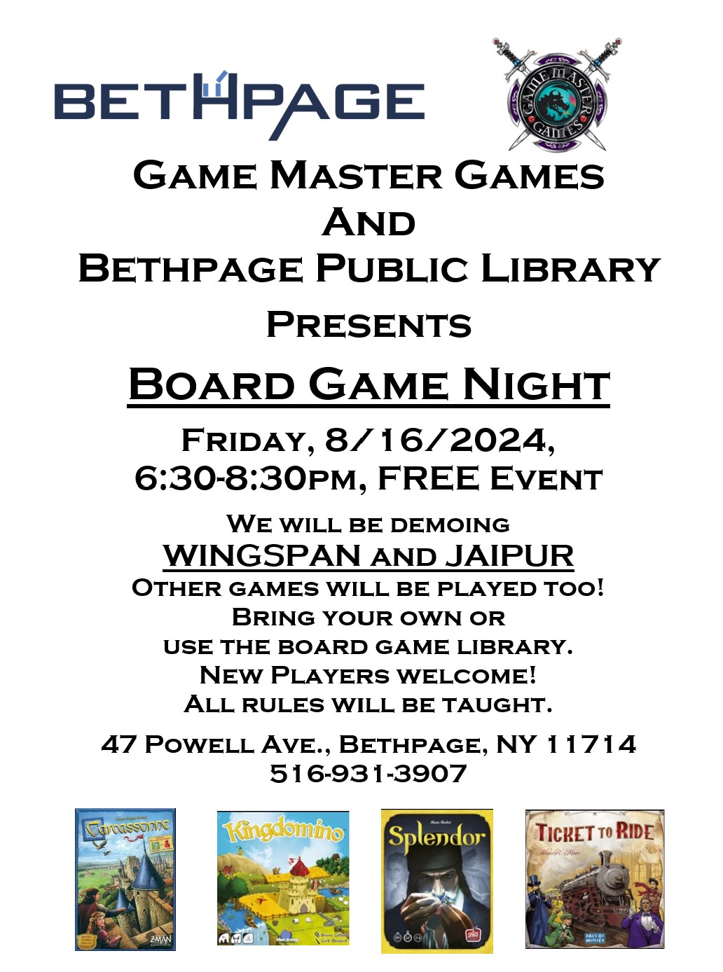 Have fun and make some new friends! Board Game Night at the Bethpage Library, Friday, August 16, 2024, 6:30-8:30pm.