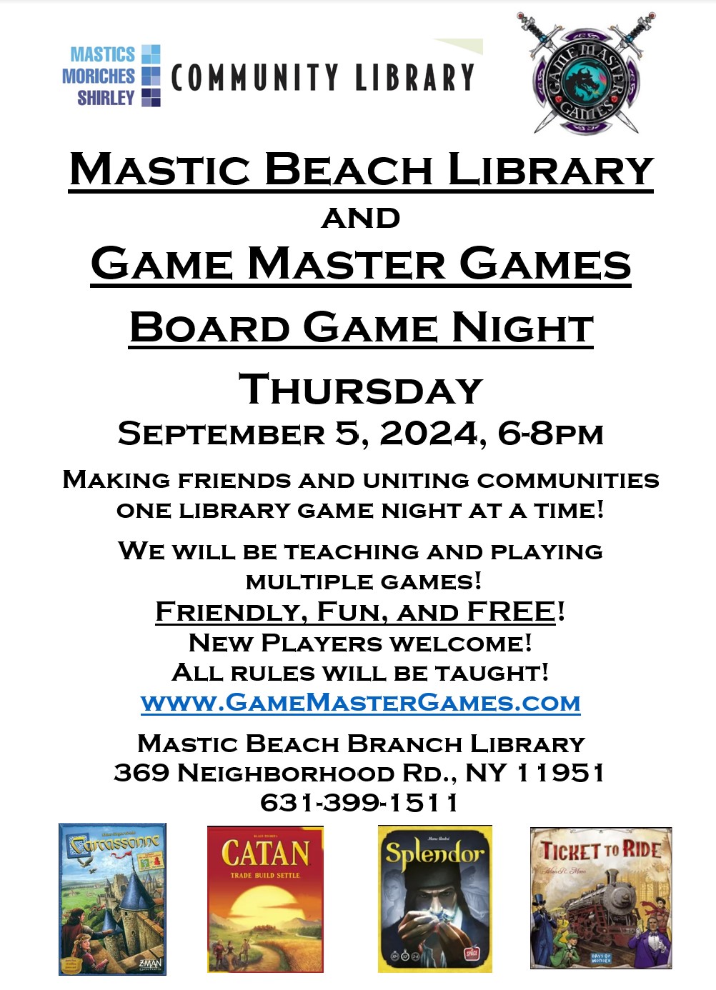 Board Game Night at the Mastic Beach Library! Have fun and make some new friends! Thursday, September 5, 2024, 6-8pm