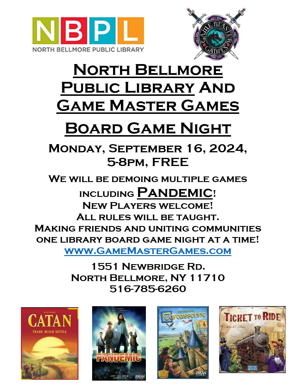 Board Game Night at the N. Bellmore Library. Have fun and make some new friends! Monday, September 16, 2024, 5-8pm.