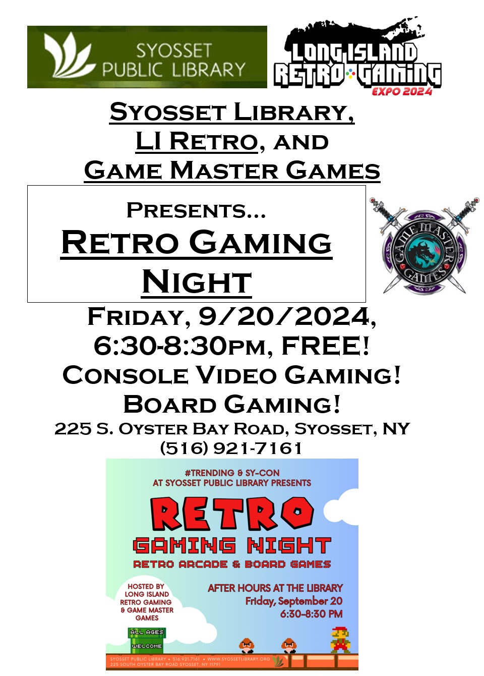 Retro Game Night at the Syosset Public Library, Friday, 9/20/2024, 6:30-8:30pm, FREE!  Have fun and make some new friends!