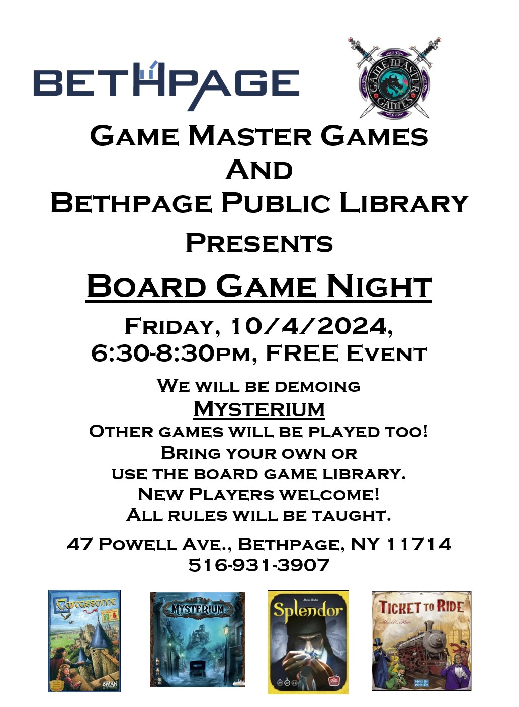 Board Game Night at the Bethpage Library. Have fun and make some new friends! Friday, October 4, 2024, 6:30-8:30pm.