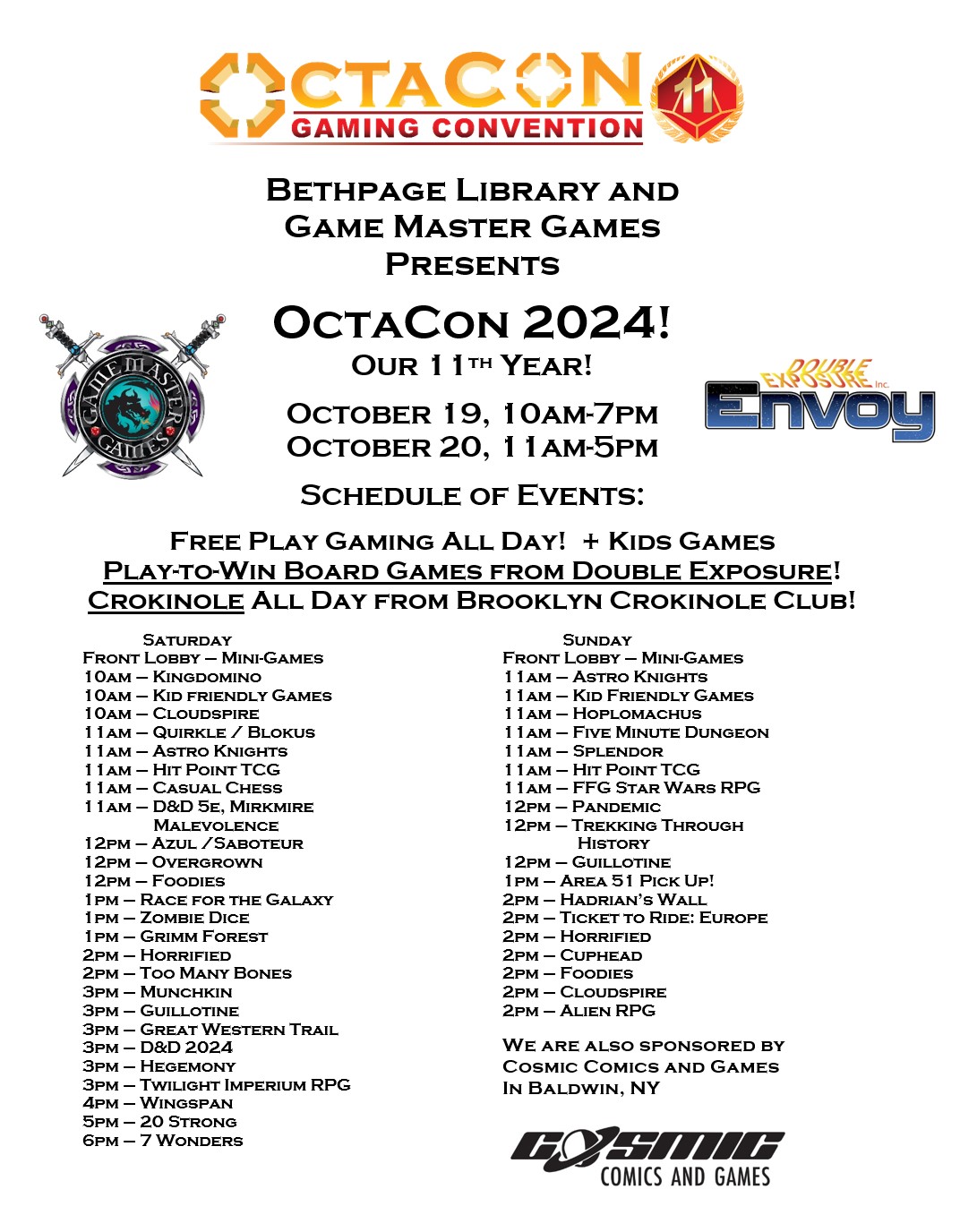 OctaCon 11, FREE Gaming Convention at the Bethpage Library! Have fun and make some new friends! October, 19-20, 2025.