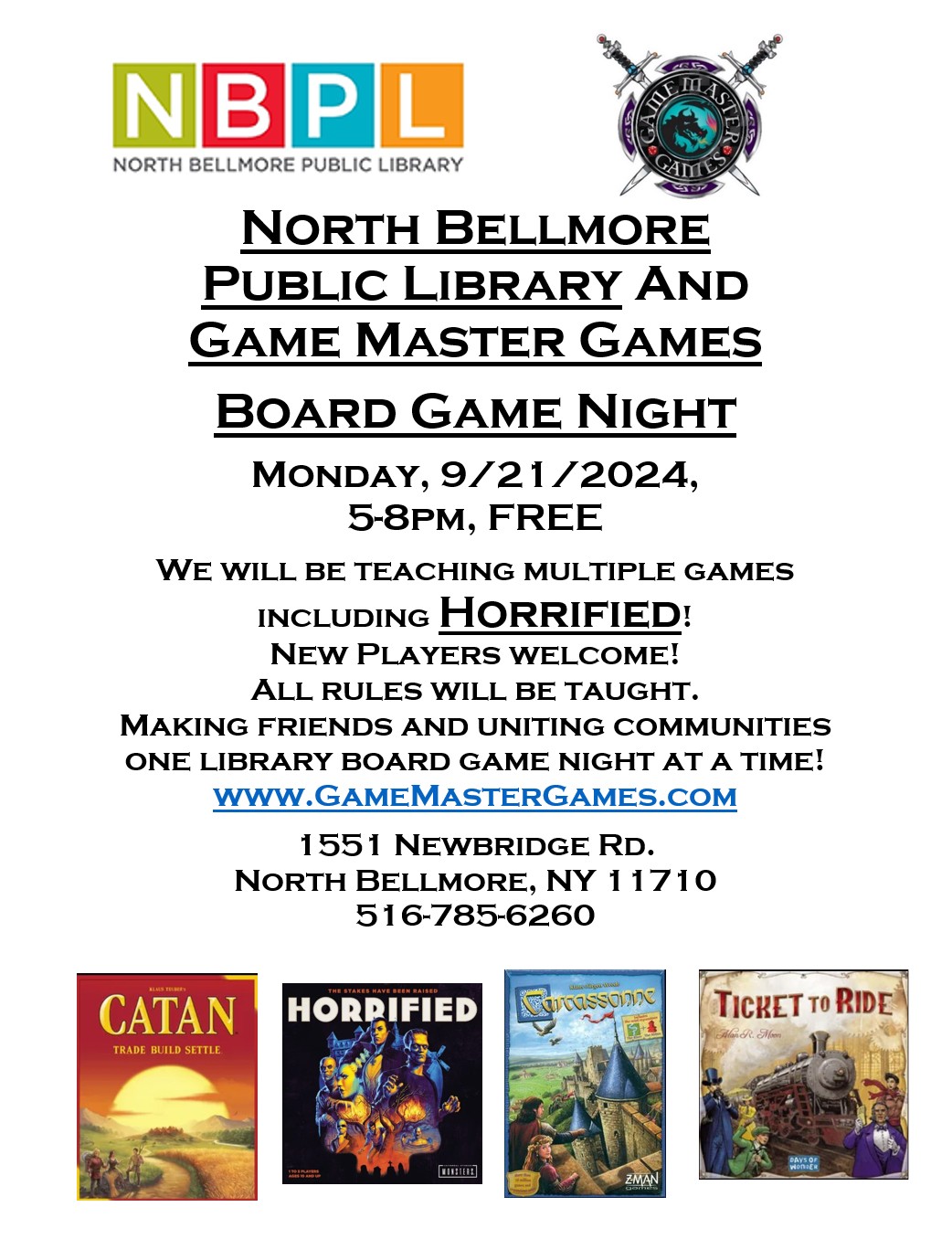 Board Game Night at the N. Bellmore Library. Have fun and make some new friends! Monday, October 21, 2024, 5-8pm.