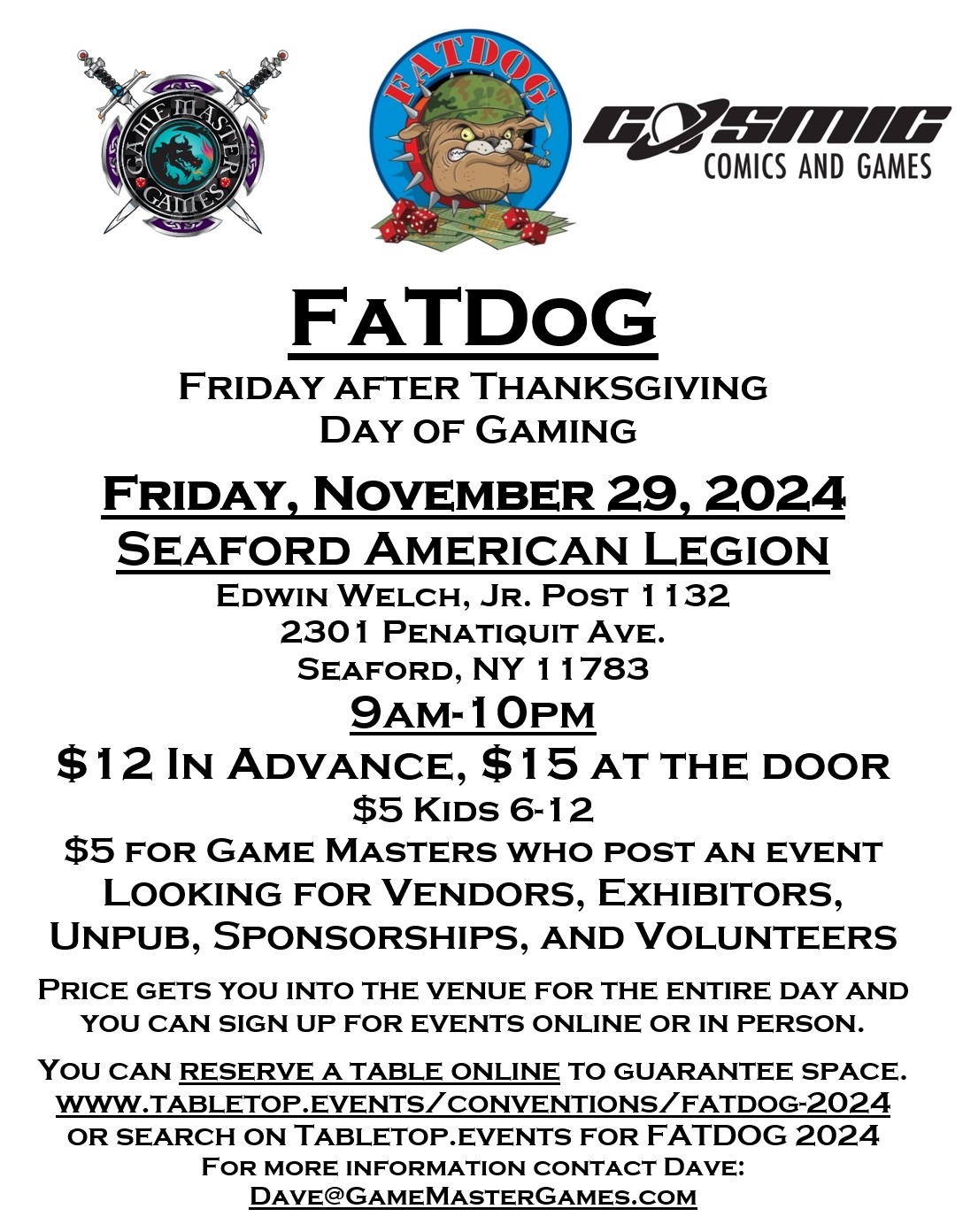 FATDOG (Friday After Thanksgiving Day of Gaming), Have fun and make some new friends!  Friday, November 29, 2024, 9am-10pm.