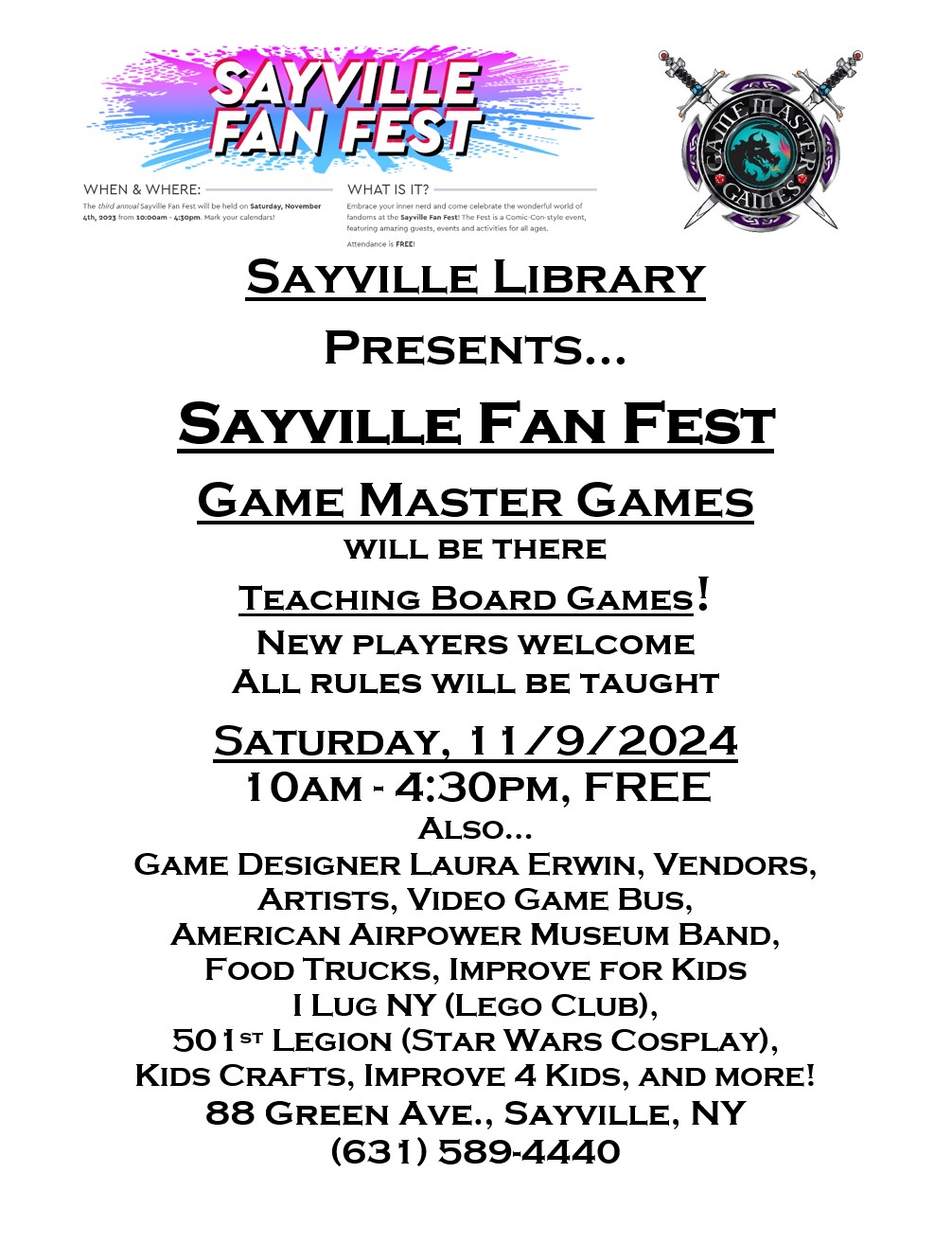 Sayville Fan Fest at the Sayville Library! Have fun and make some new friends! Saturday, November 9, 2024, 10am-4:30pm.