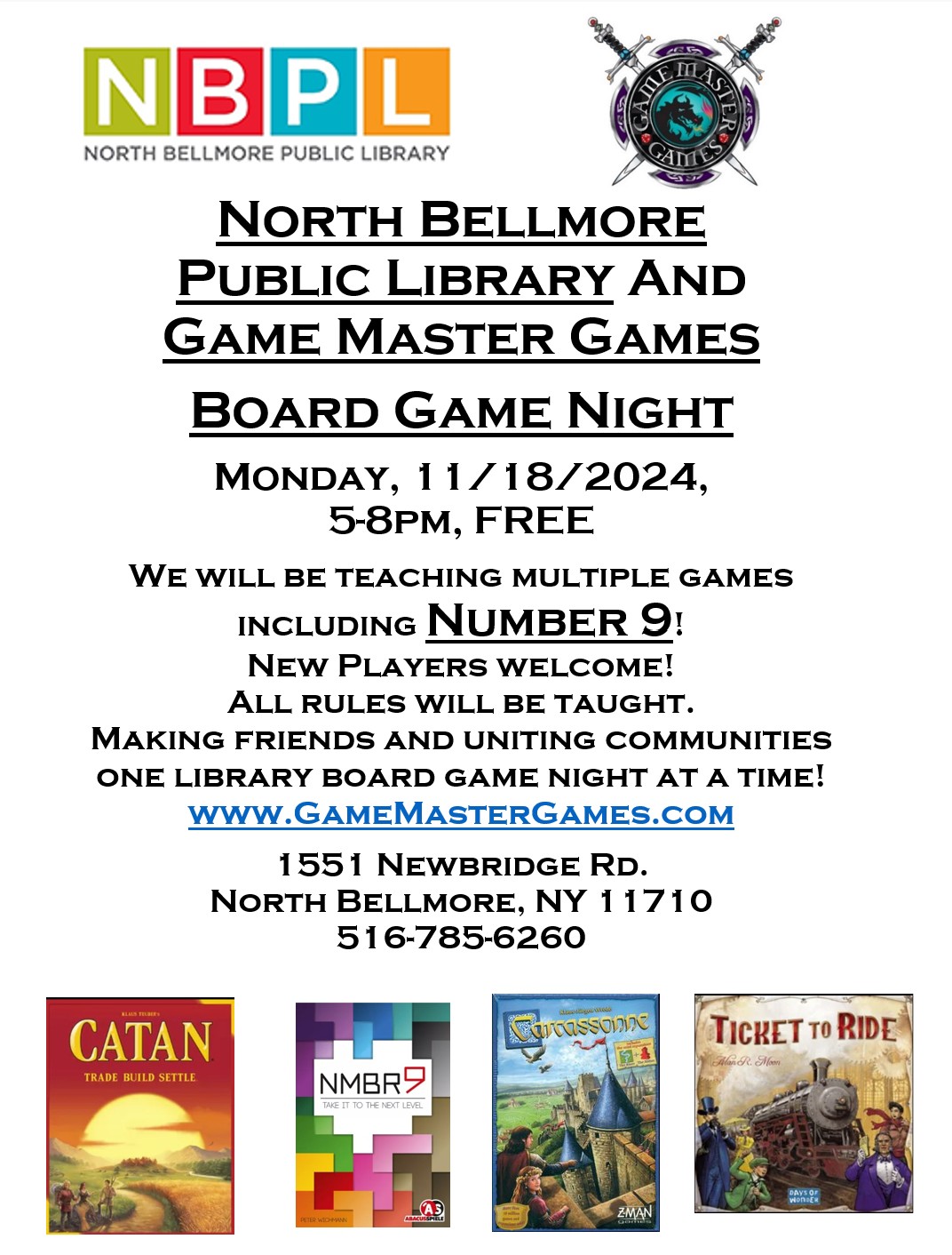 Board Game Night at the N. Bellmore Library. Have fun and make some new friends! Monday, November 108, 2024, 5-8pm.