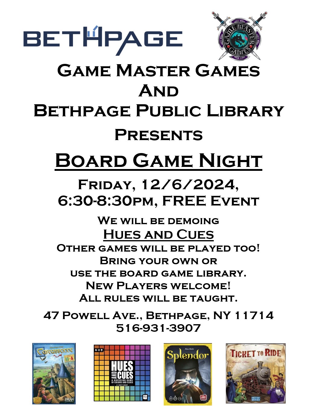 Board Game Night at the Bethpage Library. Have fun and make some new friends! Friday, December 6, 2024, 6:30-8:30pm.