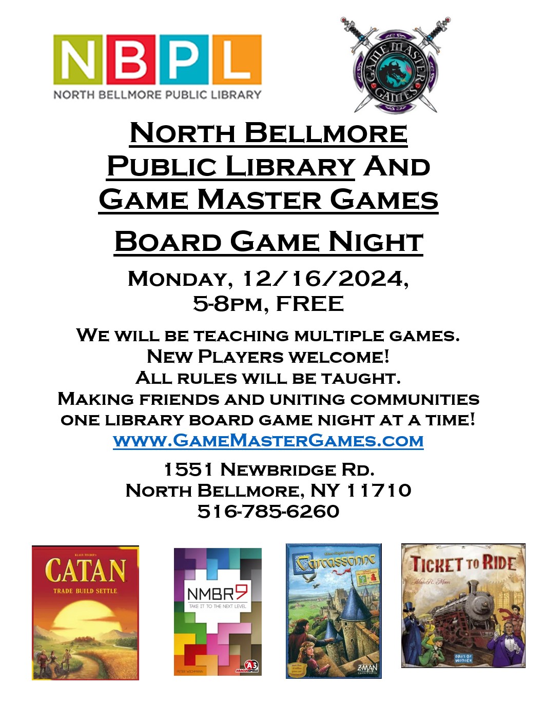 Board Game Night at the N. Bellmore Library. Have fun and make some new friends! Monday, December 16, 2024, 5-8pm.