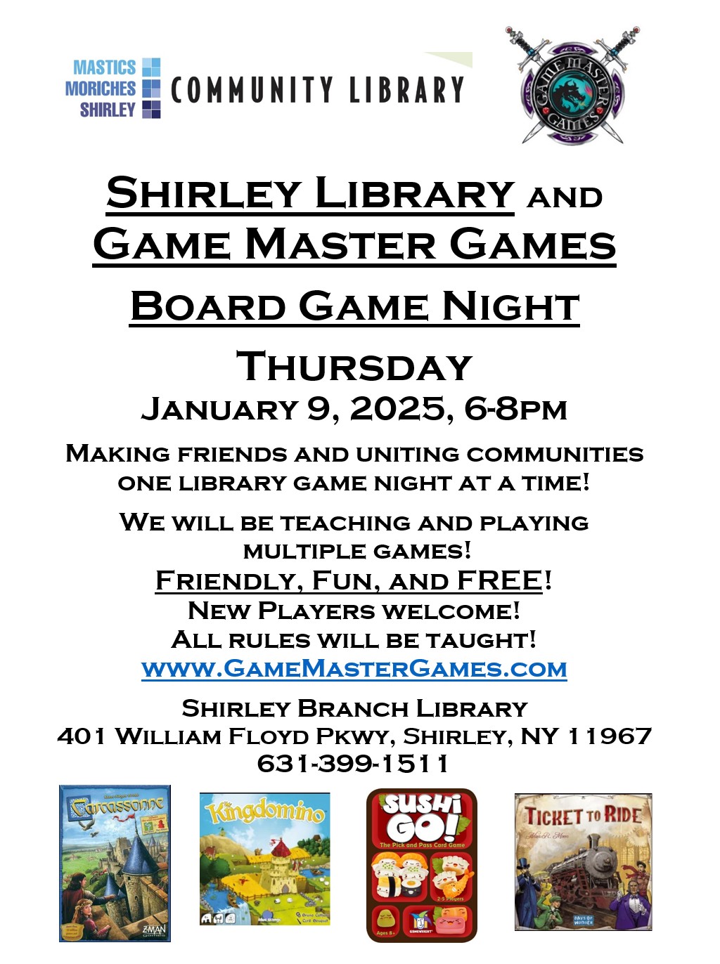 Board Game Night at the Shirley Library! Have fun and make some new friends! Thursday, January 9, 2025, 6-8pm.