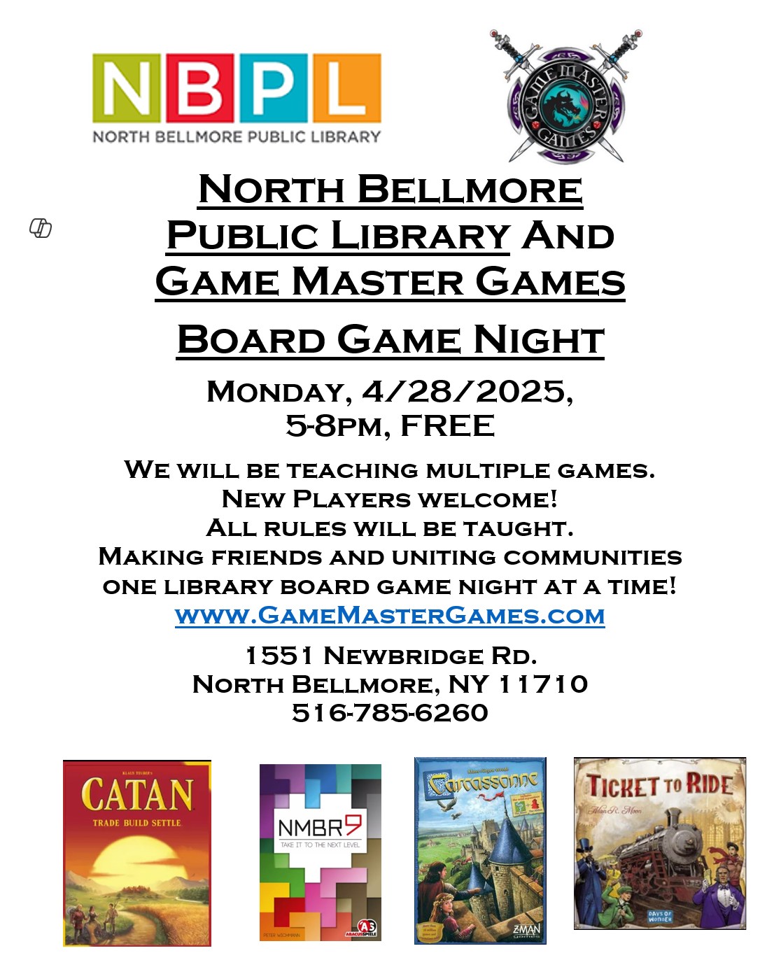 Board Game Night at the N. Bellmore Library. Have fun and make some new friends! Monday, April 28, 2025, 5-8pm.