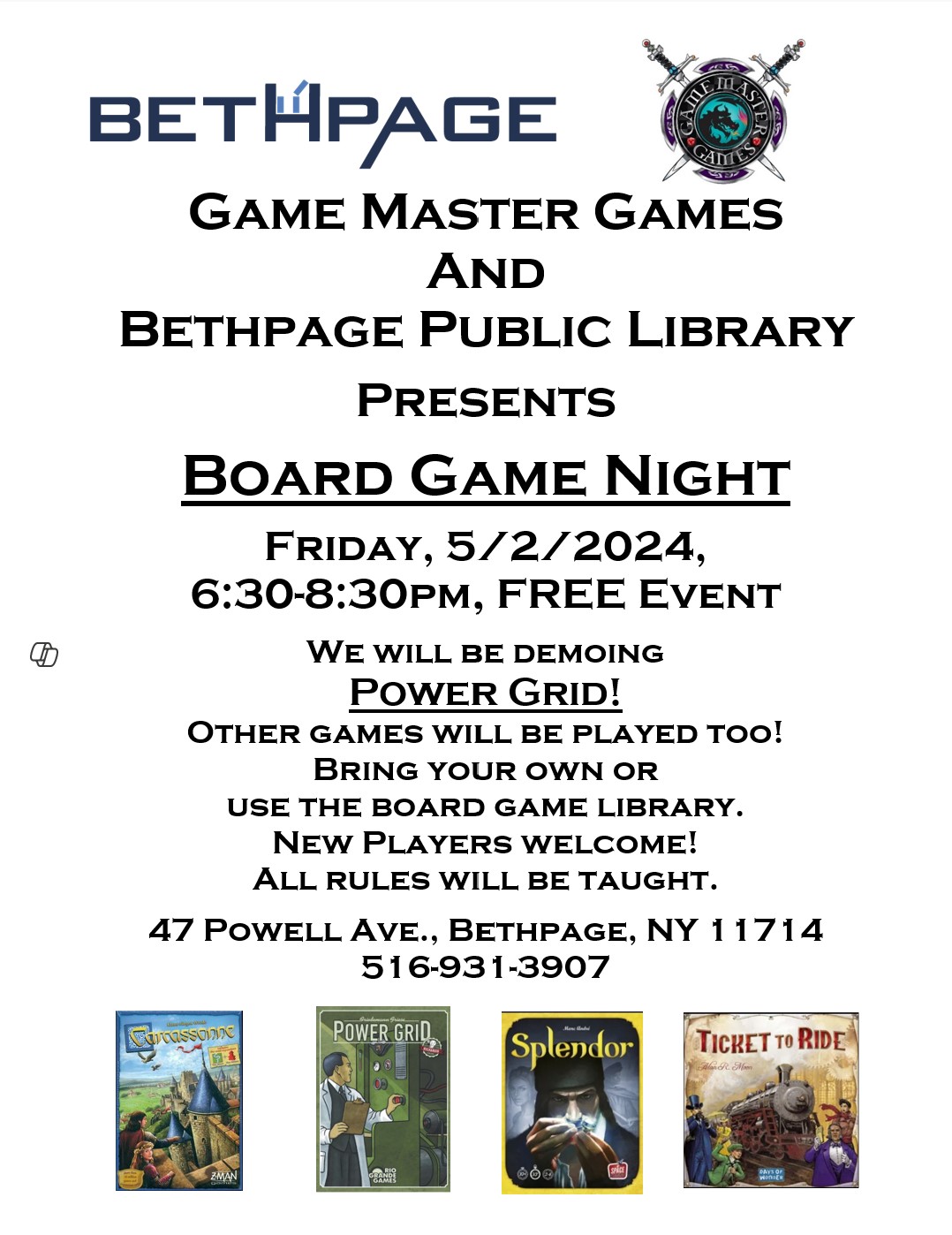 Board Game Night at the Bethpage Library. Have fun and make some new friends! Friday, May 2, 2025, 6:30-8:30pm.