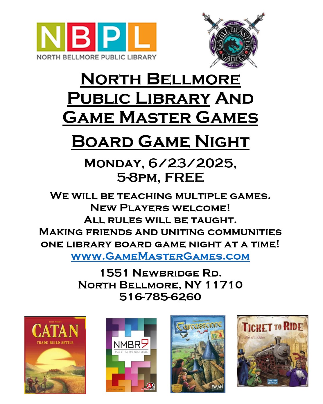 Board Game Night at the N. Bellmore Library. Have fun and make some new friends! Monday, June 23, 2025, 5-8pm.