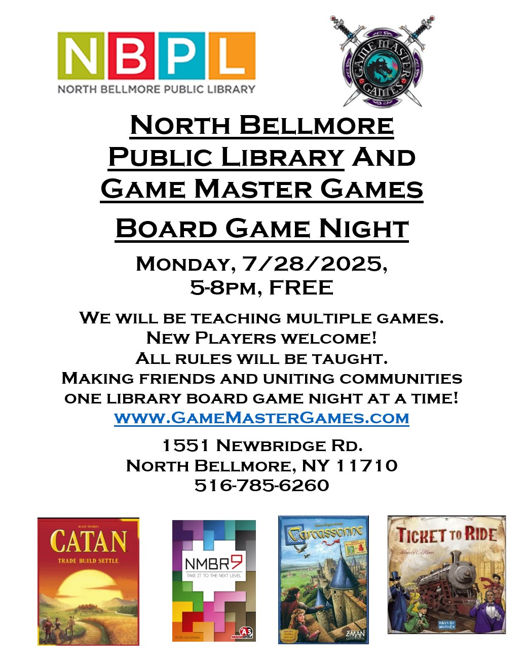 Board Game Night at the N. Bellmore Library. Have fun and make some new friends! Monday, July 28, 2025, 5-8pm.
