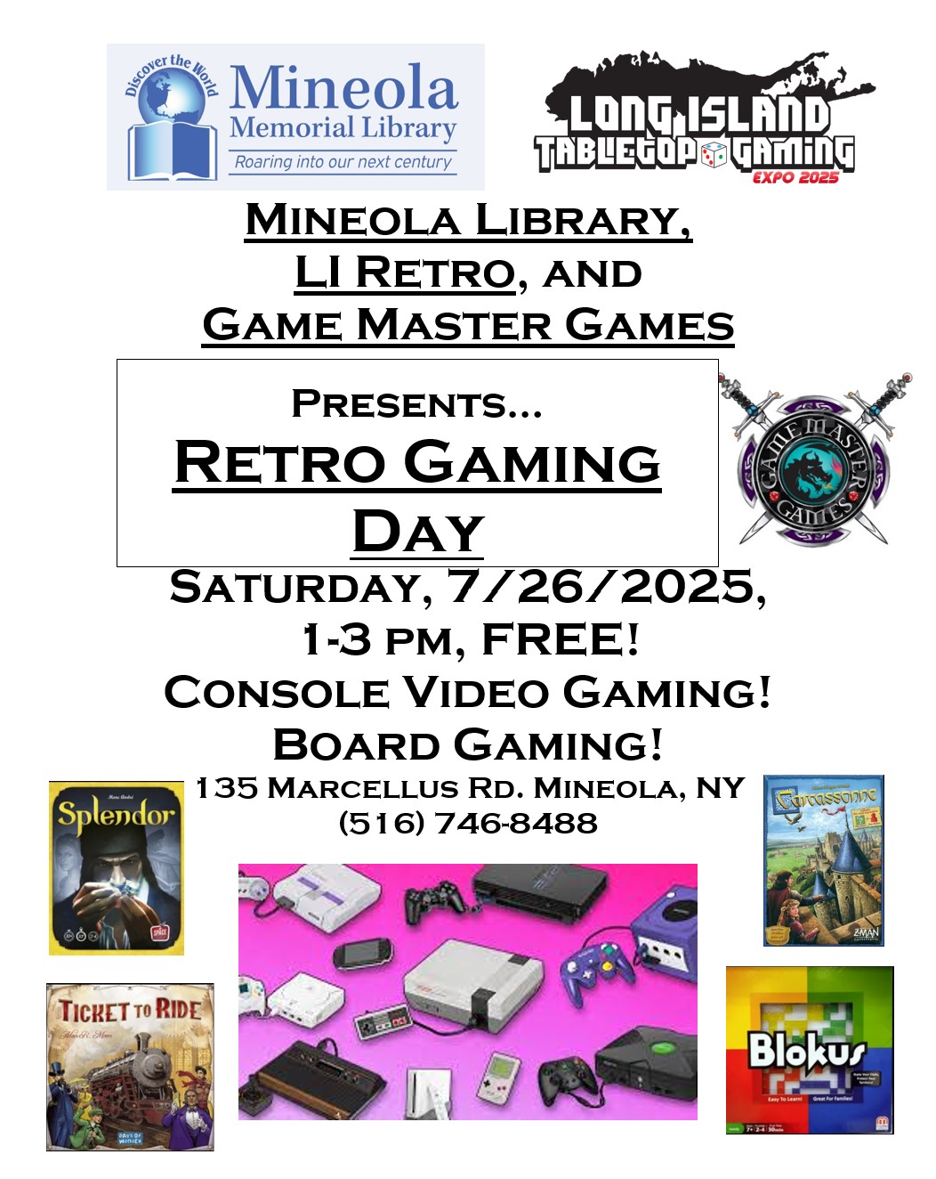 Retro Game Night at the Mineola Public Library, Saturday, 7/26/2025, 1-3pm, FREE! Have fun and make some new friends!