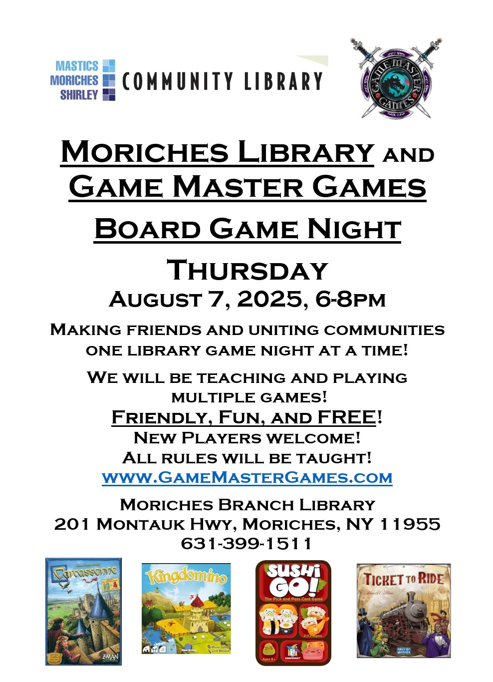 Board Game Night at the Moriches Library! Have fun and make some new friends! Thursday, August 7, 2025, 6-8pm.