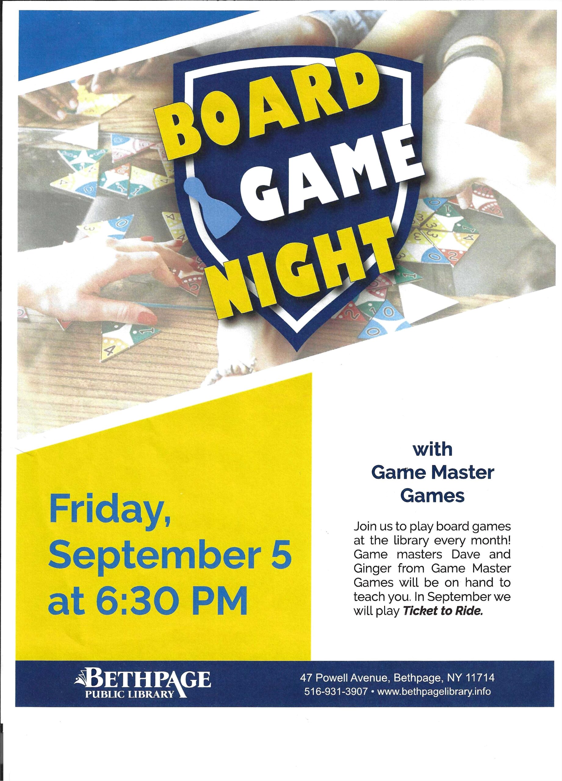 Board Game Night at the Bethpage Library. Have fun and make some new friends! Friday, September 5, 2025, 6:30-8:30pm.