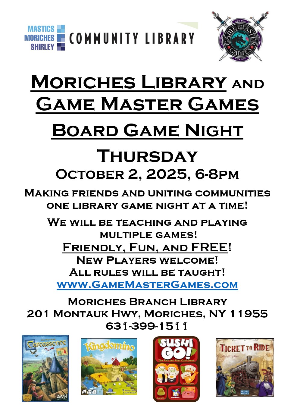 Board Game Night at the Moriches Library! Have fun and make some new friends! Thursday, October 2, 2025, 6-8pm.
