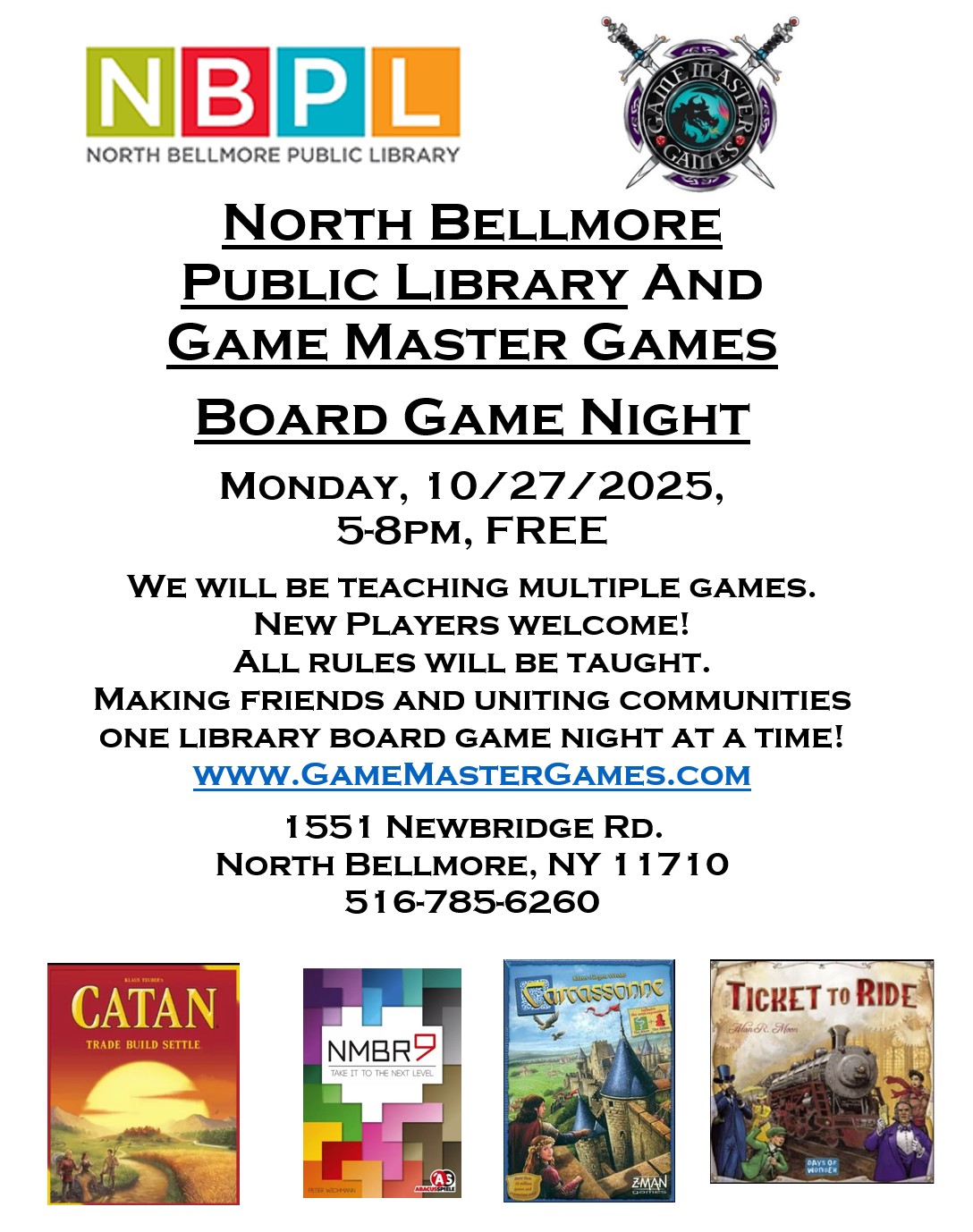 Board Game Night at the N. Bellmore Library. Have fun and make some new friends! Monday, July 28, 2025, 5-8pm.